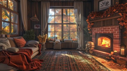 seasonal home decor, a cozy living room with a crackling fireplace and warm blankets, the perfect backdrop for the autumn equinox and changing weather ideal for falling leaves vibes