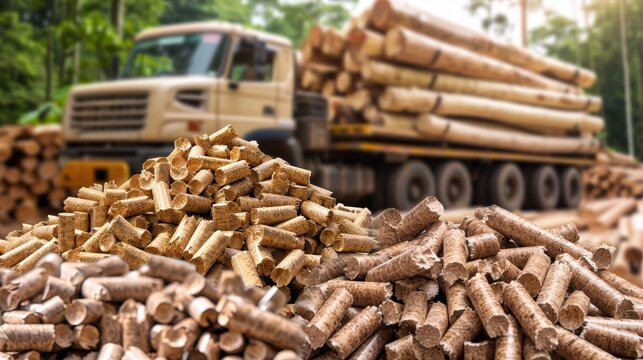 Truck transporting timber logs from a forest, with stack of wood pellets in the foreground