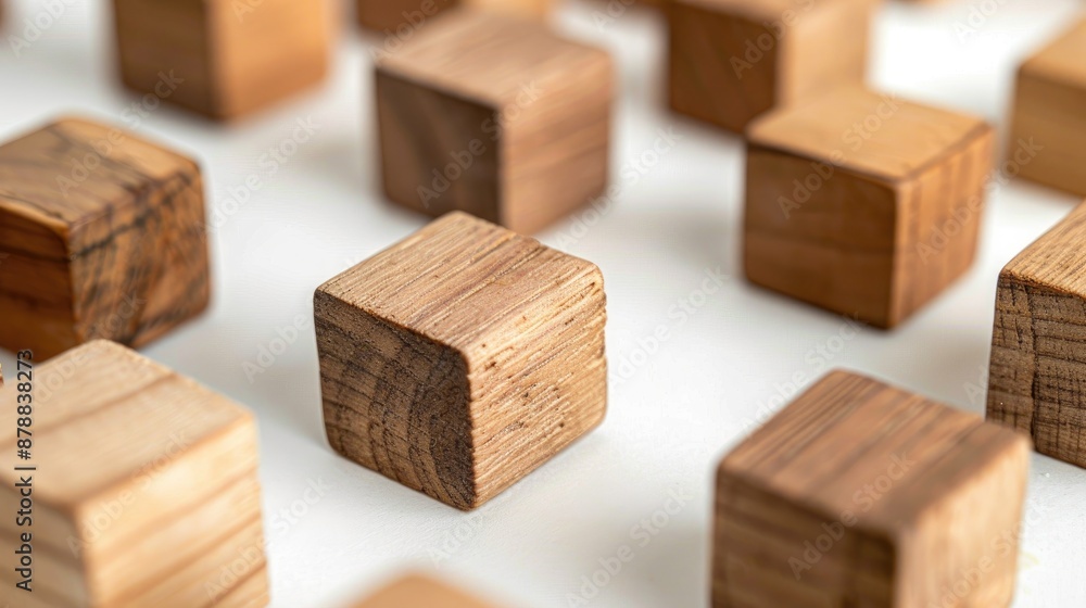 Aufkleber wooden cube puzzle blocks on white background close up shot with blurred effect and empty space