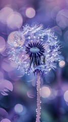 Close-up of dandelion seed head with water droplets against a vibrant purple bokeh background