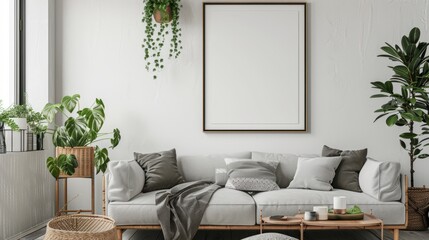 Mockup poster frame close up in interior background, 3d render. Living wall 