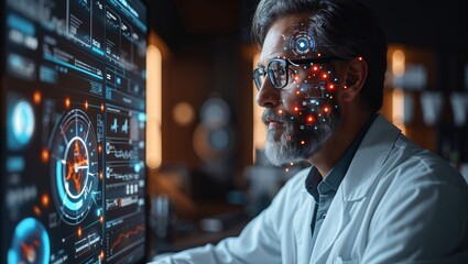 A professional analyzing advanced digital interface displaying various futuristic medical data and holographic elements, showcasing high-tech innovation and thorough data studies.