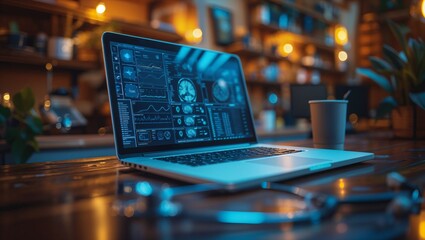 A sleek laptop on a wooden desk displaying complex data analytics. The workspace is softly lit with a cup of coffee and blurred background elements, evoking a cozy tech-centric environment.