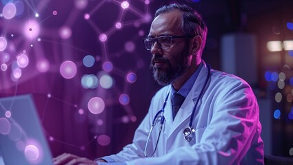 A scientist in a lab coat and glasses types on a laptop, surrounded by a digital, futuristic biotech network visualization in a dimly lit research environment.