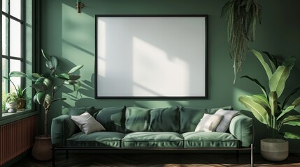 Mockup poster frame close up in interior background, 3d render. Living wall 