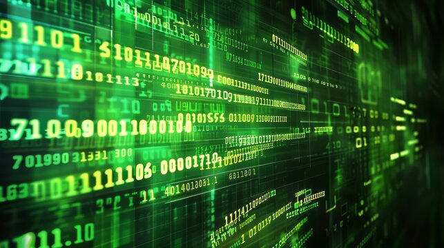 Vibrant neon binary code grid set against swirling abstract shapes for a captivating digital display