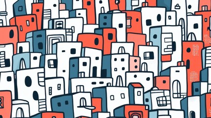 Cute cartoon city with pink and white colors , close-up doodle, cartoon style buildings line art, pattern of buildings, sharpie illustration, bold lines and solid colors, city buildings pattern design