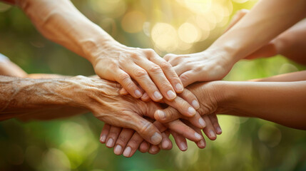 A symbolic image of unity and support, showing hands of different generations stacked together in a natural outdoor setting.