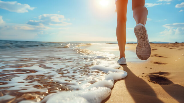 Un coureur en baskets, parcourant une plage de sable au bord de la mer.