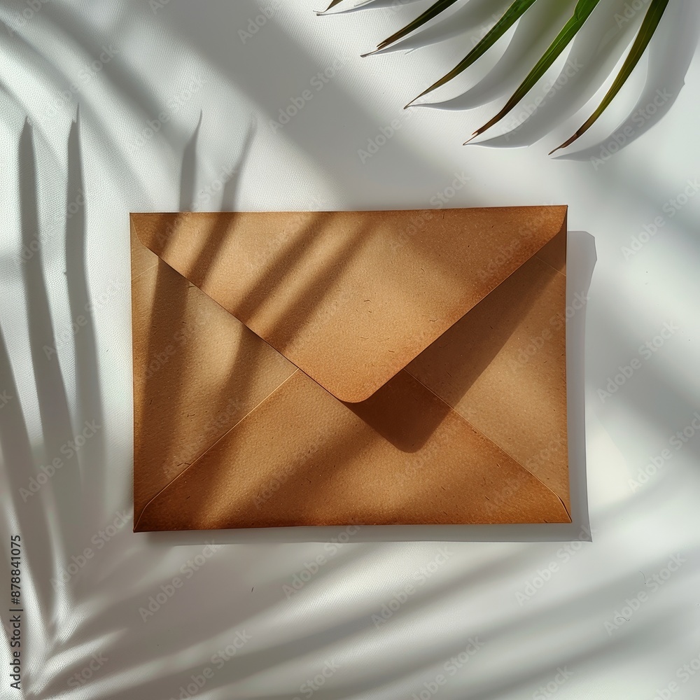 Aufkleber minimalist brown envelope on white table with subtle shadow, emphasizing simplicity and elegance