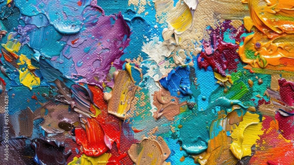 Poster texture mixed oil paints with various colors on a canvas abstract background with spots and brushstr