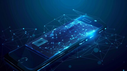 Abstract polygonal bank card on a phone. Online payment and banking. Digital money wallet in blue. Technology and finance concepts. Pay technology background. Futuristic low poly vector illustration.