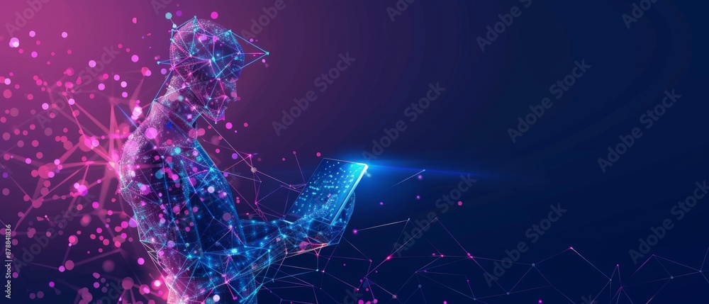 Poster abstract digital businessman with tablet uses chatbot app. concept of artificial intelligence and te