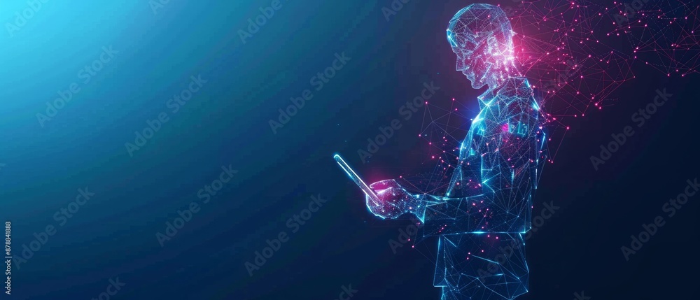 Poster abstract digital businessman with tablet uses chatbot app. concept of artificial intelligence and te