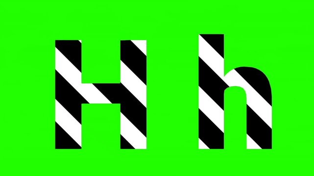 Animated letter "H" with a black and white striped pattern.  Perfect for educational videos, children's content, and alphabet projects.  Green screen background for easy compositing.