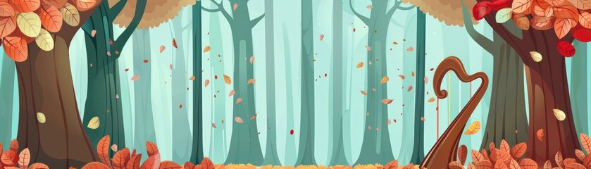 Vector illustration of a peaceful autumn forest with falling leaves, depicting tall trees and vibrant foliage, ideal for seasonal design.