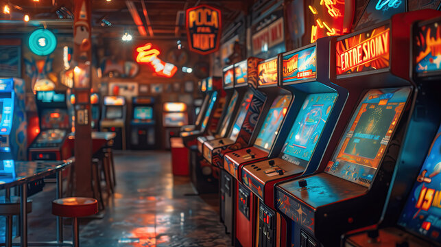 Vintage arcade filled with retro gaming machines and vibrant neon lights