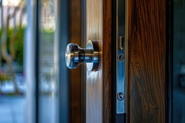A close-up shot of a wooden door handle with intricate details and texture