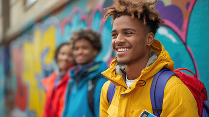 Smiling young man with friends in colorful jackets standing in front of a graffiti wall