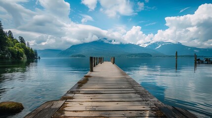 Obraz premium a dock on a lake with mountains in the background