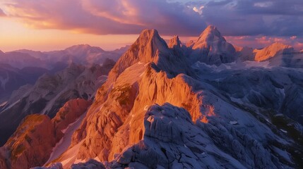 Obraz premium Triglav mountain peak at sunrise, illuminated by the gentle morning light. This picturesque scene highlights the natural beauty of Slovenia's Triglav National Park in a panoramic view.