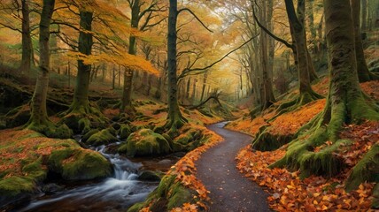 Autumn forest scene with autumn leaf path & warm light illuminating golden leaves. Footpath in autumn forest nature scene. Sunny October day in colorful forest, maple trees autumn road fall