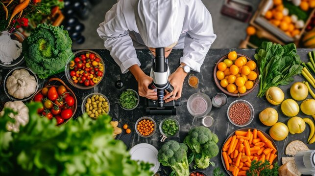 Food scientist examining produce under microscope, ensuring quality and safety in food production.