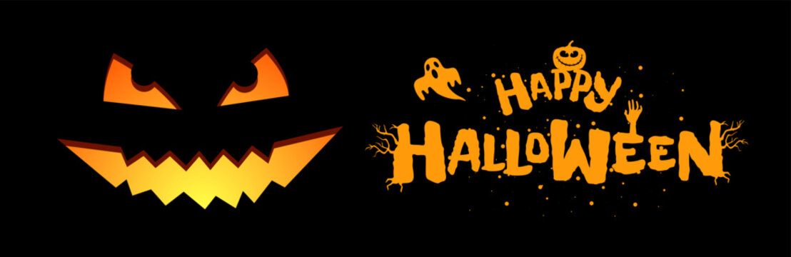 Happy Halloween party horizontal banner design template. Jack O Lantern pumpkin carved face on black background and hand drawn inscription with ghost. Traditional October 31 holiday eps greeting card