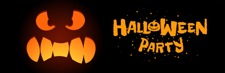 Happy Halloween party horizontal banner design concept. Jack O Lantern pumpkin carved scary smiling face on black background and hand drawn inscription. Trick or Treat October 31 holiday greeting card