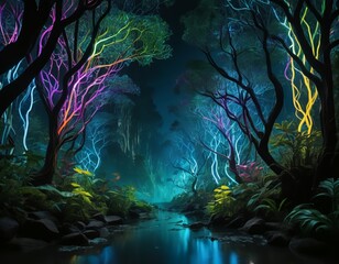 Fantasy Forest Glowing Neon Forest with Electric Lights