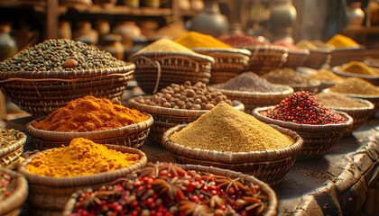 Fototapeta premium A variety of spices are displayed in wicker baskets at a market