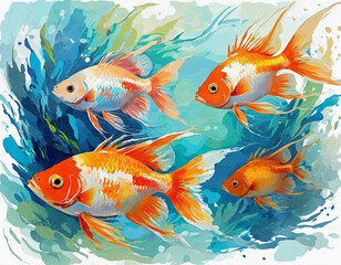 Fototapeta premium Goldfish swim through vibrant blue underwater environment, their scales shimmering in sunlight that filters through surface. Lush green seaweed and colorful leaves add to beauty of scene. Aquarium. AI