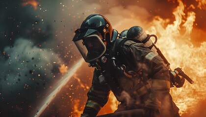 Obraz premium A firefighter in full gear battles a massive blaze
