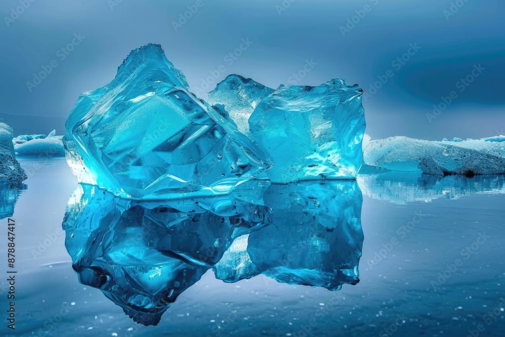 Poster a group of icebergs floating on the surface of the water, with some partially submerged
