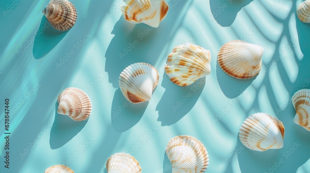 Poster seashells casting shadows on blue background top view empty space