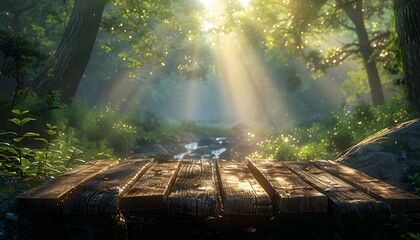 Obraz premium A wooden plank bridge in a forest, bathed in the warm golden light of the setting sun