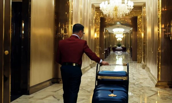 Bellboy pushing suitcases on a hotel luggage cart footage