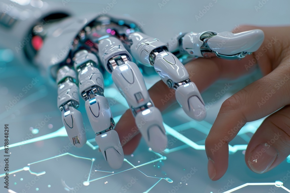 Poster human and robotic hands intertwined on metallic surface with digital pathways background