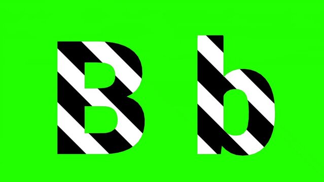 Animated alphabet letter "B" in uppercase and lowercase, with black and white striped pattern. 