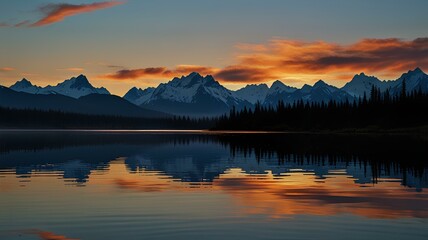 Obraz premium Sunset casts vibrant colors as mountains reflect beautifully in calm water, creating a serene landscape. 