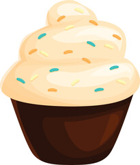 Delicious cupcake with creamy topping and colorful sprinkles is waiting to be eaten