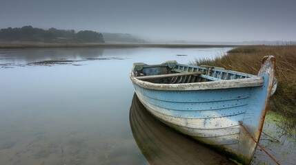 Naklejka premium Old blue wooden boat on a calm foggy lake near grassy shore