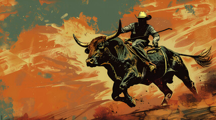 Artistic Style Painting of Bull Riding Aspect 16:9