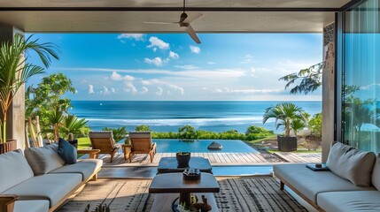 Fototapeta premium Luxurious Beach Resort with Smart Tech Amenities and Interactive Ocean Views