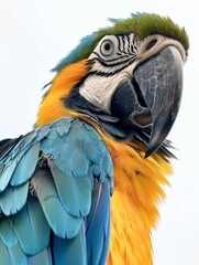 Fototapeta premium Close-up of a colorful parrot with blue and yellow feathers against a light background