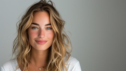 Naklejka premium portrait of beautiful woman with blonde hair in white tshirt smiling on isolated background