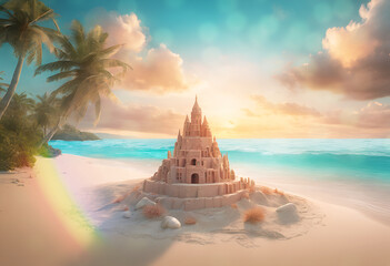 A sandcastle by itself on a tropical sunset beach with palm trees, rainbow, and bokeh effects