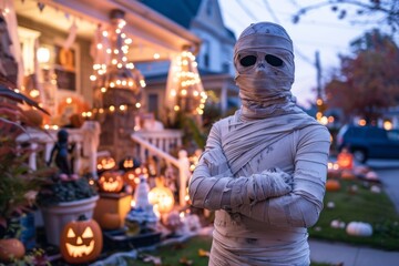 Obraz premium Mummy costume in front of a decorated house for Halloween, featuring pumpkins and lights, spooky atmosphere, holiday celebration concept