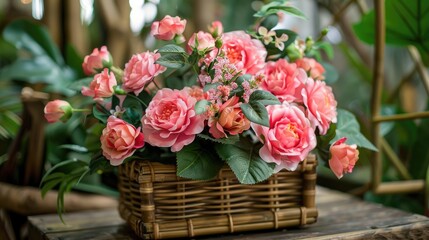 Elegant pink blooms in bamboo basket for events and decor