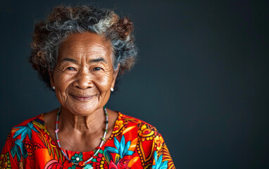 A woman with a big smile on her face is wearing a colorful dress. She is posing for a picture and she is happy